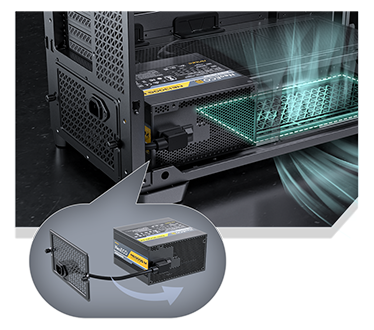 Angled FLUX PRO case with vertical cooling, blue cooling arrows entering from the front/bottom, red heat arrows exiting from the top.