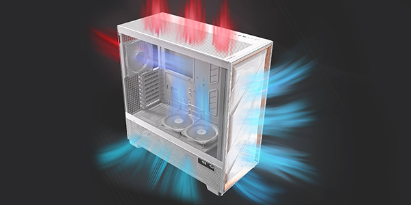 FLUX Pro white case illustrated with blue cold air entering the front, side/bottom with red warm air exiting the top/back of the case.