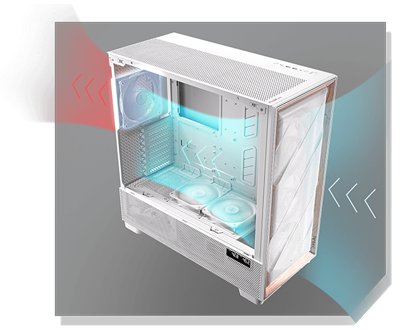 Angled FLUX PRO case with horizontal cooling, blue cooling arrows entering from the front, red heat arrows exiting from the rear.