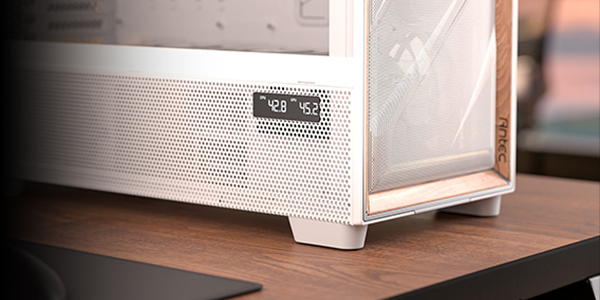 FLUX Pro white case illustrated with blue cold air entering the front, side/bottom with red warm air exiting the top/back of the case.