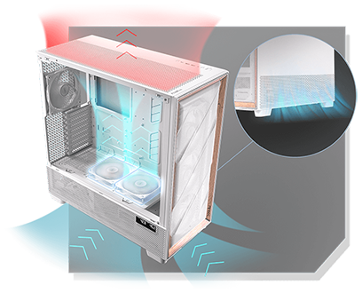 Angled FLUX PRO case with vertical cooling, blue cooling arrows entering from the front/bottom, red heat arrows exiting from the top.