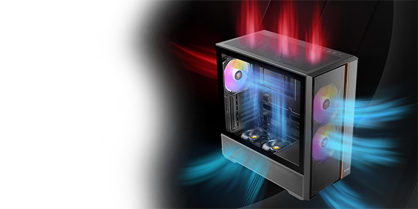 Angled view of Flux Rear case, illustrated with cold (blue) air entering and hot (red) air leaving, highlighting airflow