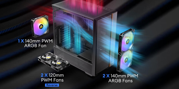 Angled view of Flux Rear case with included fans illustrated near their mounting point