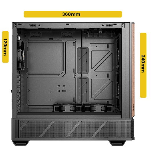 Annotated side view of case with max size radiator brackets highlighted