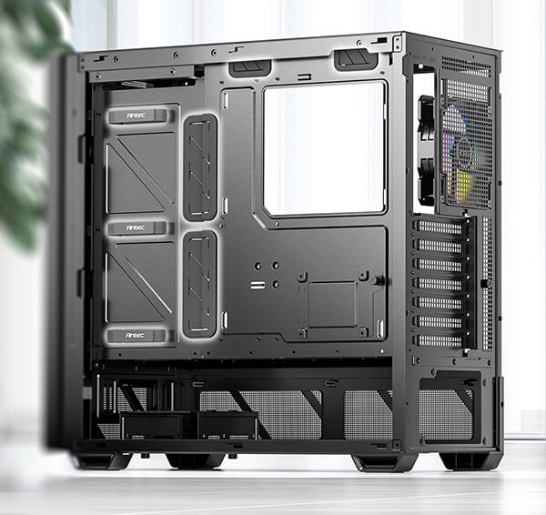 Lifestyle shot of case with side panel exposed, revealing highlighted grommets and straps