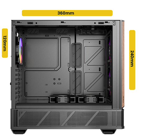 Annotated side view of case with max size radiator brackets highlighted