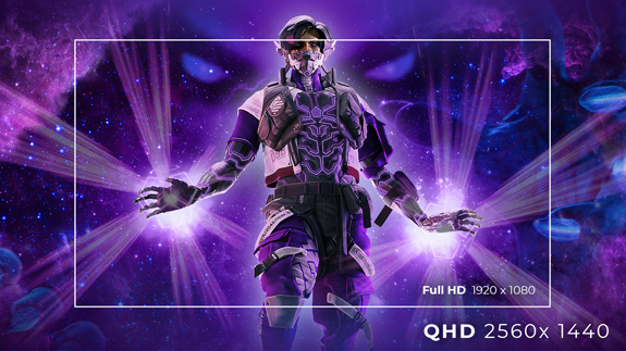 QHD resolution outline with comparative FHD outline within, overlaying a render of a fictional character.