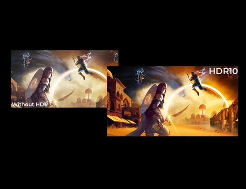 HDR10 comparison showing improved brightness and contrast on a gaming monitor