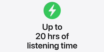 Power icon, detailing up to 20 hours listening time.