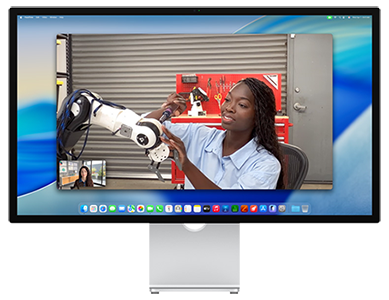 Studio Display with video conference on-screen, highlighting 12MP Center Stage camera.