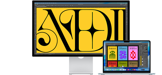 Studio Display with caligraphhic illustration on-screen highlighting the anti-reflective coating.