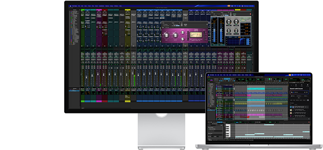 Studio Display with music editor on-screen highlighting the nano texture glass.