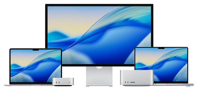 Studio Display in between MacBooks and Mac Mini.