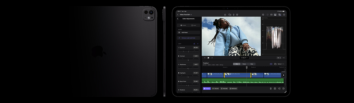 Rear, side and front view of iPad Pro with pro video editing software on-screen to highlight professional camera/mic system