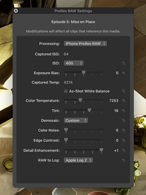 Profiles Raw Settings user interface, displaying colour adjustment options