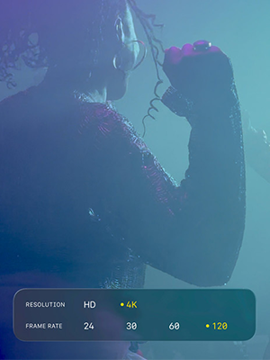 Party scene overlayed with a resolution and frame rate user interface