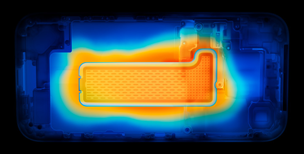 Heatmap style image of the rear of an iPhone 17 Pro, showing off its vapour chamber