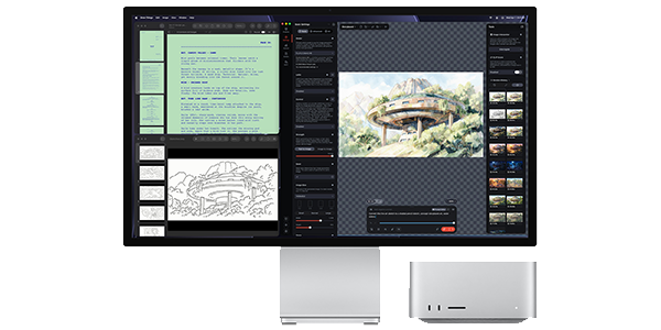 Studio Display with AI apps on screen.