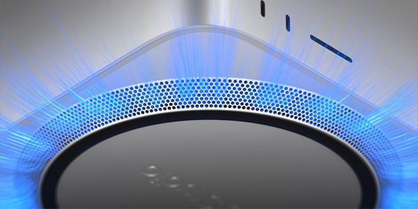 Bottom angle of Mac Studio with illustrated with cool blue air entering the vents.