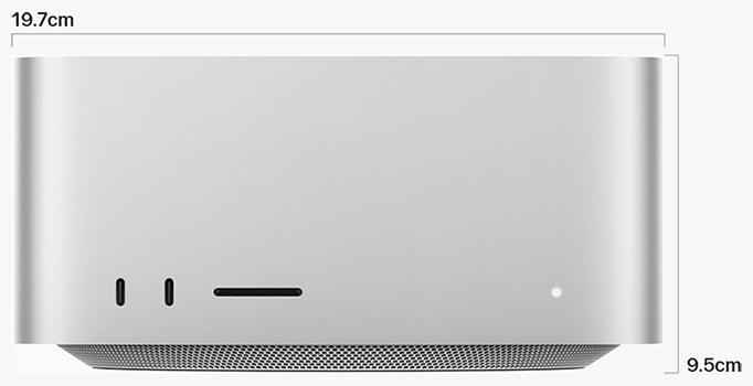 Front of Mac Studio with dimensions illustrated around.