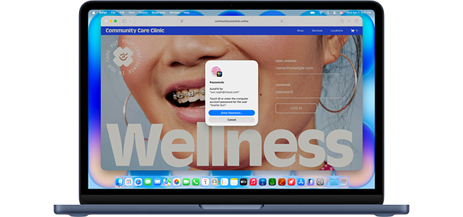 MacBook Neo, indigo, front view showing password entry on screen