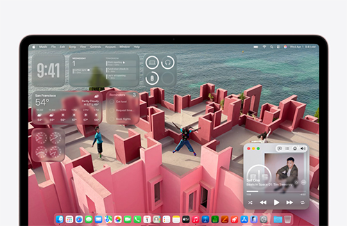 Front image of laptop screen displaying different widgets and icons