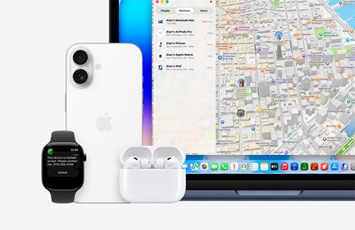 Apple Watch, iPhone and Airpods next to a Neo Laptop with a map on screen