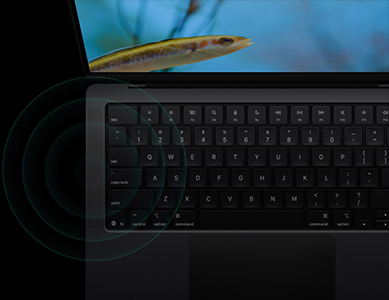 Audio pulse graphic overlaying the left of the MacBook Pro.