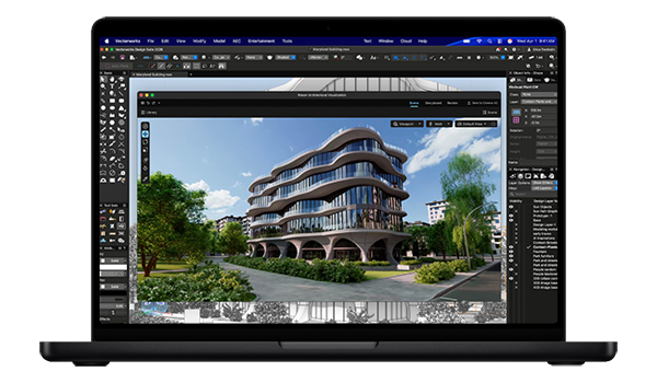 MacBook Pro with Vectorworks software on-screen.