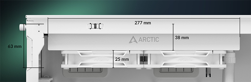 Side of case with Liquid Freezer III Pro installed, highlighting the dimensions