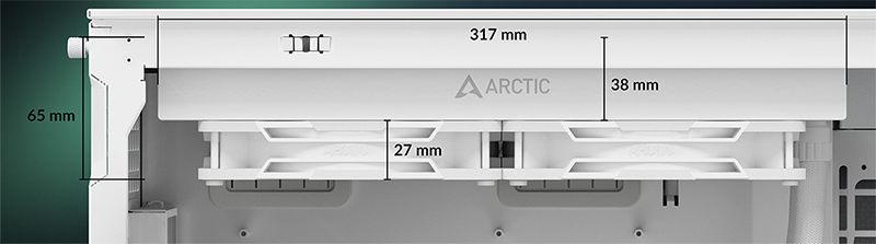 Side of case with Liquid Freezer III Pro installed, highlighting the dimensions
