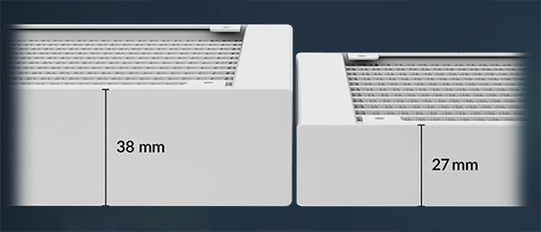38mm height radiator next to a 27mm height radiator to highlight cooling efficiency