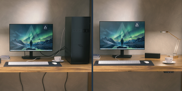 pc setup showing left side with cable clutter, right side clutter-free