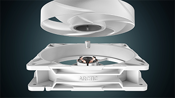 Image of fan in parts showing FDB bearing-shaft design.