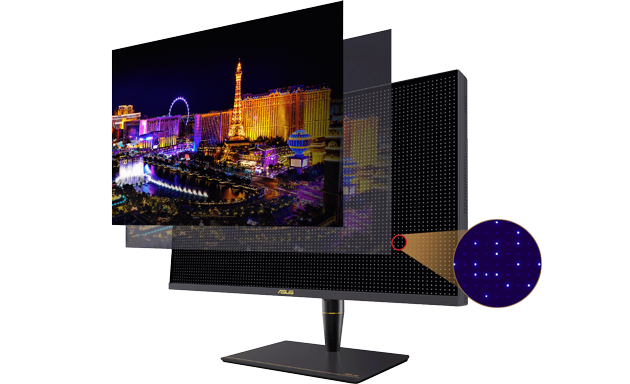 ProArt PA32UCX-PK Display with x-ray layers showing the different parts of the Mini LED backlit display