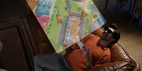 Man laying on sofa, playing ROG Ally through AirVision M1 smart glasses with illustration of game layered infront of him.