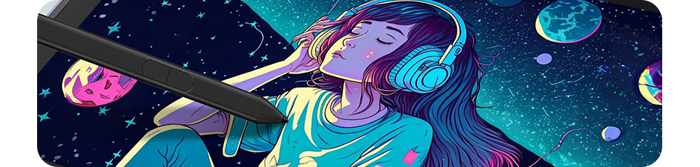 Close up of the ASUS stylus working on a colourful illustration piece of a girl wearing headphones in space