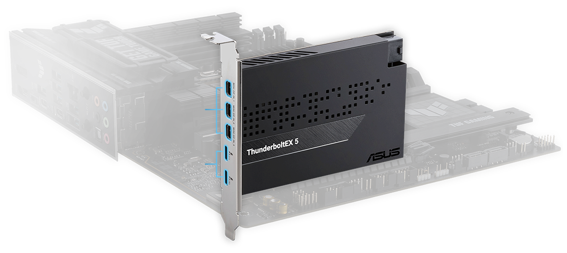 Rear IO of ThunderboltEX 5 installed on a semitransparent motherboard.