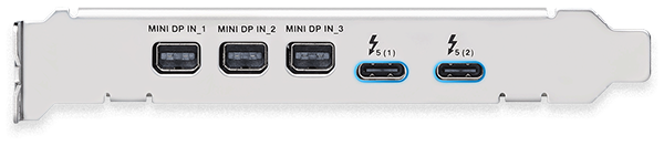 ThunderboltEX 5 card rear I/O ports, with Thunderbolt and DisplayPort functionality highlighted.
