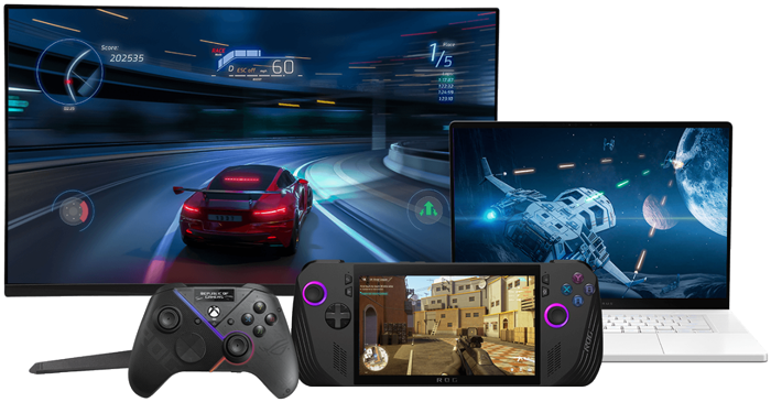 Collage of devices including monitor, laptop, game controller and ROG Ally
