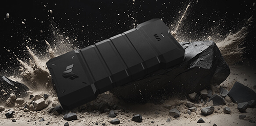 SSD Enclosure against rock with sand particles flying