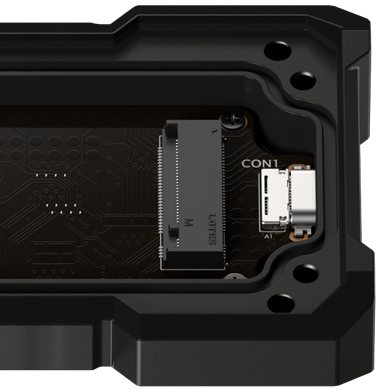 Side of open enclosure with exposed internal USB-C connector