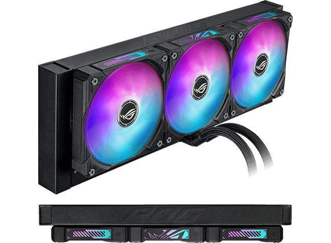 Image of the fans and underneath a side profile image of the Aura fan edge displaying ARGB lighting