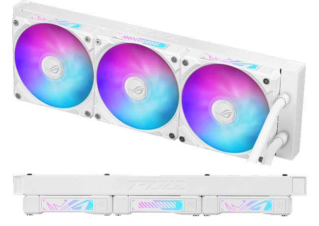 Image of the fans and underneath a side profile image of the Aura fan edge displaying ARGB lighting