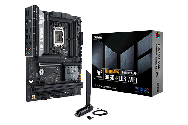 TUF GAMING B860-PLUS WiFi ATX Motherboard, WiFI antenna and box.