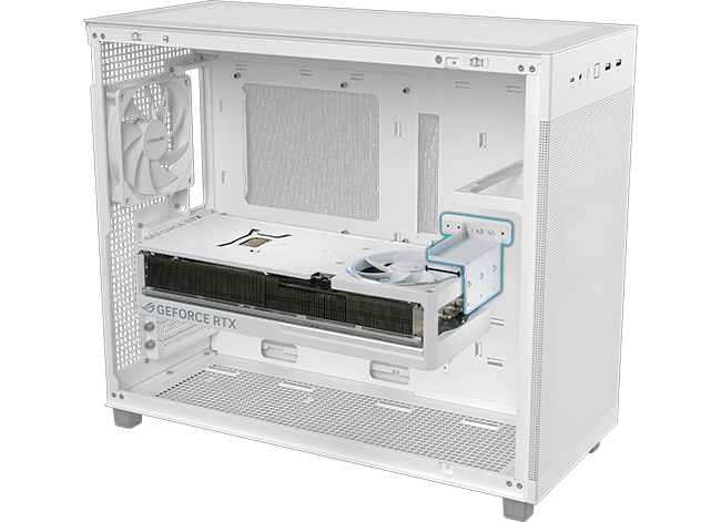 3/4 view of case with the GPU bracket highlighted with a blue outline