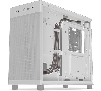 3/4 view of the case with cabling option in the back illustrated
