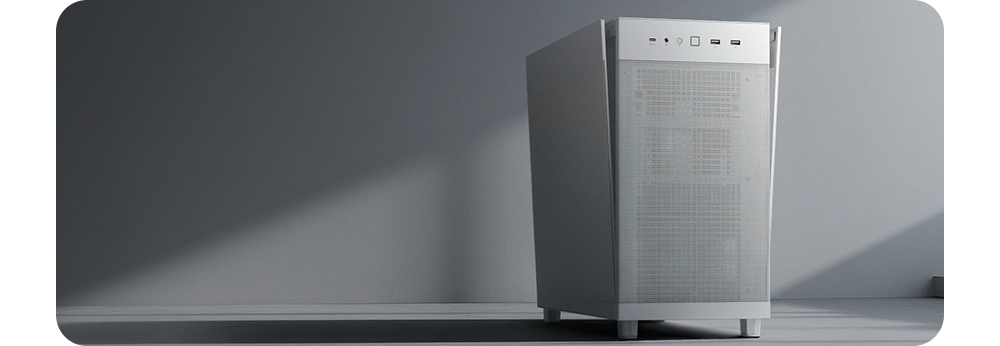 Lifestyle image of the case on a desktop with the side panels slightly opened