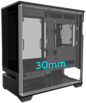 Case with alternate side removed and cuboid graphic showing 30mm cable management space