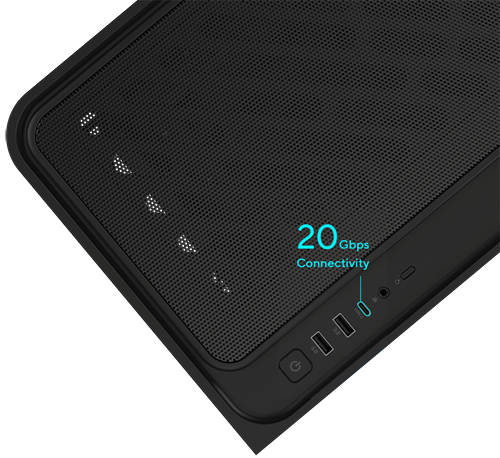 Angled top view of case highlighting USB-C port with 20gbps connectivity